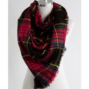 Plaid Blanket Scarf Black Red Green Fall Winter Tassel Soft Warm Acrylic Oversiz